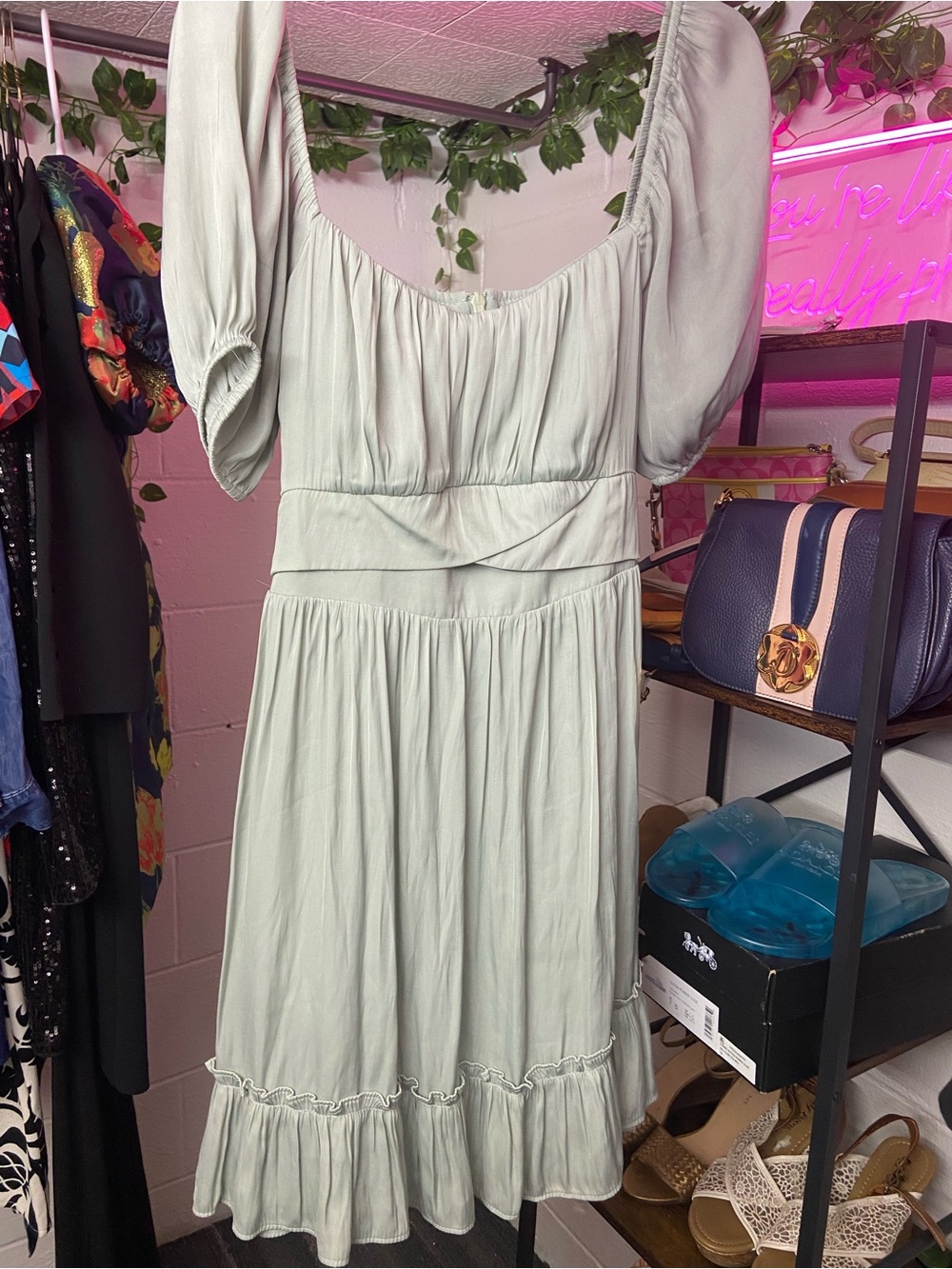 Altar'd State Light Sage Puff-Sleeve Midi Dress with Ruffled Hem